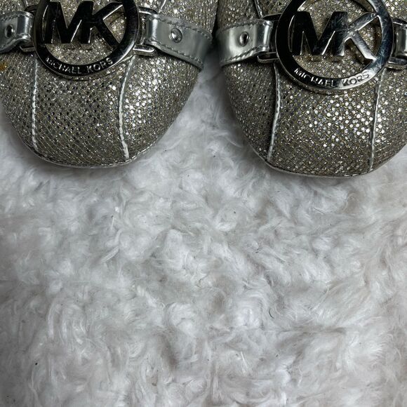 MICHAEL KORS SLIP ON MK LOGO SILVER GLITTER FLAT SHOES SIZE 10NARROW - Picture 6 of 10
